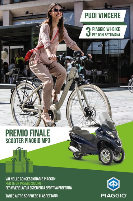Con il concorso “Metti in moto il divertimento” di Sisalpay in palio ogni settimana 3 Piaggio Wi-Bike e come premio finale uno scooter Piaggio Mp3. Con il concorso “Metti in moto il divertimento” di Sisalpay in palio ogni settimana 3 Piaggio Wi-Bike e come premio finale uno scooter Piaggio Mp3.